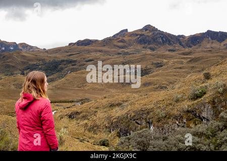 Eine Wanderin, die in aller Ruhe einen spektakulären Blick auf die Landschaft im Cajas-Nationalpark im Hochland von Ecuador, Cuenca und den tropischen Anden genießt. Stockfoto