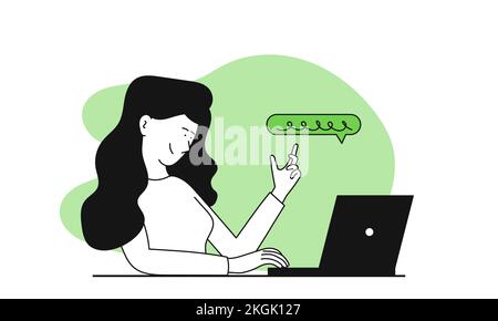 Frau, die auf einem Laptop spricht, Vektorbild-Konzept. Fernkommunikation und Online-Technologie. Netzwerkmeeting oder Konferenz von zu Hause aus. Digitales Wir Stock Vektor