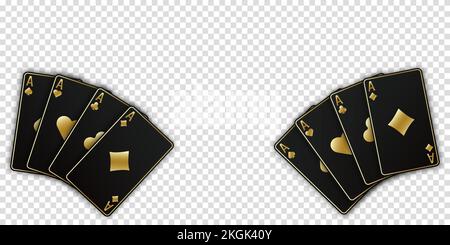 Zwei Fans von Spielkarten, bestehend aus vier schwarzen und goldenen Pik-Ass, Diamanten, Clubs, Herzen. Vektorbildpoker und Kasino von allen Stock Vektor