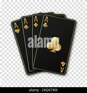 Ein Fan von Spielkarten, bestehend aus vier schwarzen und goldenen Pik-Ass, Diamanten, Clubs, Herzen. Vektor-Illustrations-Poker und Casino von allen Ass Stock Vektor