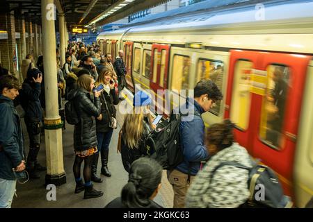 London - November 2022: High Street Kensington London U-Bahnstation Plattform Stockfoto