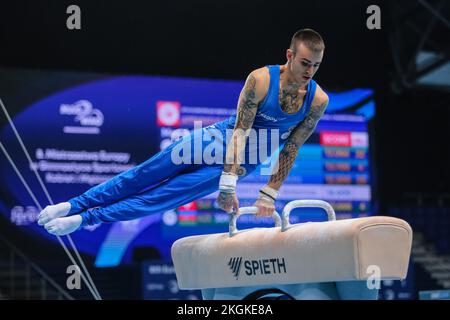 Szczecin, Polen, 10. April 2019: Nicola Bartolini von der italienischen Mannschaft tritt während der europäischen Kunstturnier auf den Ringen an Stockfoto