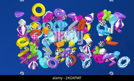 Abstrakter Hintergrund, der durch eine Gruppe geometrischer Formen, Würfel, Zylinder, Kreuze und Ringe auf dunkelblauem Hintergrund gebildet wird. 3D Abbildung Stockfoto