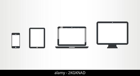 Gerätesymbol: Smartphone, Tablet, Laptop und Desktop-Computer. Vektordarstellung, flaches Design Stock Vektor