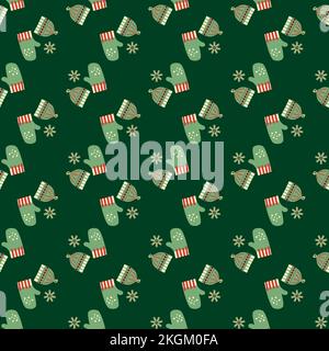 Winterkleidung, Hüte, Handschuhe, nahtloses Vektormuster. Handgezogene, kuschelige und gewölbte Fäusterkappen. Gestrickte Wolle Winterkleidung Hintergrund. Lustige festliche Kälte Stock Vektor