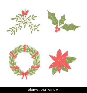 Symbole von Weihnachten und Neujahr Kranz, Mistelzweig, Poinsettia, Heidelbeere in flacher Cartoon-Form. Handgezeichnete Vektordarstellung von festlich Stock Vektor