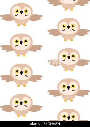 Vektornahtloses Muster einer flachen Cartoon-Flugeule, isoliert auf weißem Hintergrund Stock Vektor