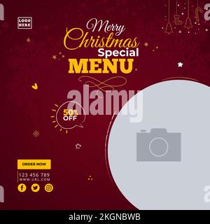 Werbebanner für Weihnachten, Werbebanner für soziale Medien im Restaurant zu Weihnachten, Sondermenü für frohe Weihnachten, 50 % Rabatt Stock Vektor
