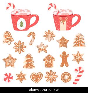 Süße Tassen mit Marshmallows, Zuckerrohr und Lebkeksen im Cartoon-Stil. Handgezeichnete Vektordarstellung von Heißgetränken und Weihnachtssüßen Stock Vektor