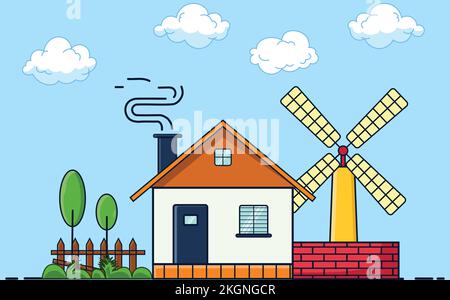 Alte Bauernhauslandschaft, altes Bauernhaus mit Landschaft mit Wolken und roter Mauer und Windmühle und Bäumen Stock Vektor