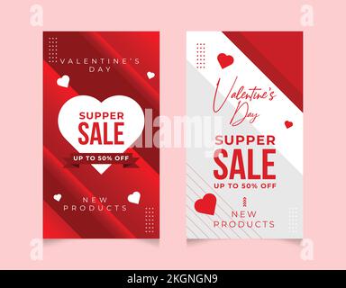 Schöne Geschichtenkollektion zum Valentinstag, Social Media Story zum Valentinstag, romantische Geschichte in Rot und Weiß Stock Vektor