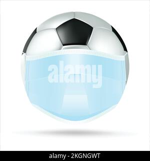 Fußball trägt eine Gesichtsmaske zum Schutz vor dem COVID-19-Virus, Sokar Ball trägt eine medizinische Schutzmaske, Fußball Sportball trägt ein medi Stock Vektor
