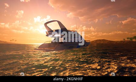Luxuriöse Motoryacht auf dem Meer bei Sonnenuntergang. Extrem detailliertes und realistisches 3D-Rendering mit hoher Auflösung Stockfoto
