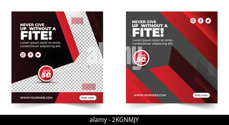Fitness-Studio-Angebote Social-Media-Post-Design-Vorlage, Social-Media-Post für Fitness-Gym-Promotion, Social-Media-Banner. Mit Quadrat und Rot, Schwarz und Weiß Stock Vektor