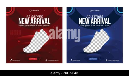 Bannerdesign für Schuhwerbung, Farbverlauf Rot, Farbverlauf Blau, Sonderangebot bietet Post-Design in sozialen Medien für Ihr digitales Marketing. Bearbeitbare en Stock Vektor
