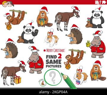 Cartoon-Darstellung, wie man zwei gleiche Bilder findet pädagogische Aufgabe mit lustigen Tieren mit Weihnachtsgeschenken Stock Vektor