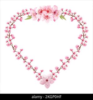 Herzförmiger Blumenkranz mit weißem Hintergrund. Kirschblüten Romantischer blütenrosafarbener Kranz für Hochzeit, Date, Valentinstag und Sonderveranstaltung. Stock Vektor