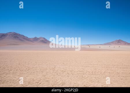 Panoramablick auf die Desierto de Dalí (Dali-Wüste) im Andenschutzgebiet Eduardo Avaroa, Provinz Sur Lípez, Bolivien Stockfoto