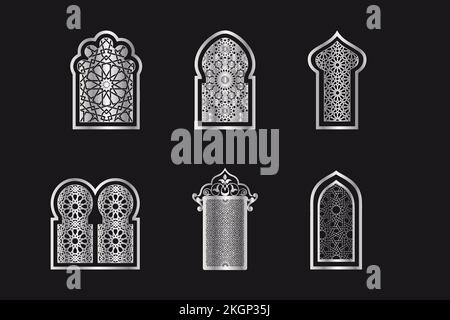 Traditionelle silberfarbene arabisch-islamische Fenster. Arabische traditionelle Architektur, geometrisches arabisches Muster. Satz dekorativer Vektorfelder oder -Bildschirme Stock Vektor