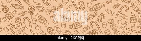 Nahtloses Muster mit süßen Gegenständen. Handgezeichnete Marshmallow- und Karamellbonbons. Doodle-Hintergrund. Vektordarstellung. Stock Vektor
