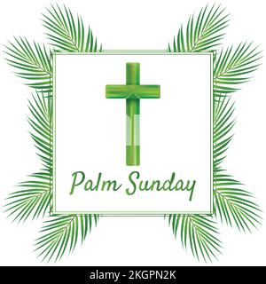 Palmensonntagskreuz und vorderer weißer Hintergrund, Vektorsymbol für grüne Palmen. Vektordarstellung für den christlichen Feiertag. Palm Sunday handgeschriebener ph-wert Stock Vektor