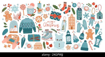 Weihnachtsartikel mit Keksen, Häusern, Geschenken, Pullover, Pelzbaum, Kränze. Die Aufkleber sind fertig. Handgezeichnet Stock Vektor