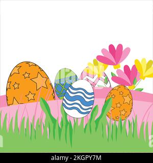 Neue Happy Easter Vorlage, Ostereier Illustration, mehrfarbige Ostereier Happy Easter Vector, Illustration von Happy Easter Eggs with Flower & Gras Stock Vektor