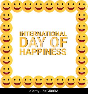 World Happiness Day, lachende Emoji, lachende Emoji Frame, lachende Emoji im weißen Hintergrund, Gelber Texteffekt. Stock Vektor