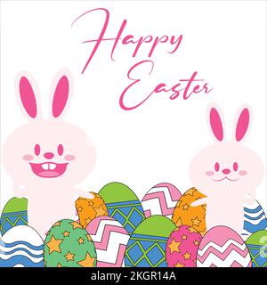 Happy Easter Bunnies auf weißem Hintergrund, Happy Easter Hasen mit mehrfarbigen Eiern, Beautiful Pink Bunnies, Happy Easter with a pink colour Text Stock Vektor