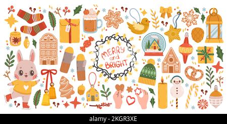 Weihnachtsartikel mit Keksen, Häusern, Geschenken, Pullover, Pelzbaum, Kränze. Die Aufkleber sind fertig. Handgezeichnet Stock Vektor