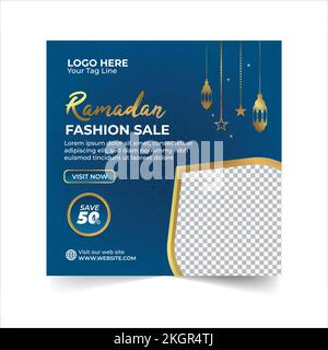 Ramadan-Verkauf Social-Media-Post-Vorlage-Banner, bearbeitbare Illustration, islamischer Heiliger Monat des Ramadan-Sale-Banner mit beleuchteten goldenen Laternen Stock Vektor