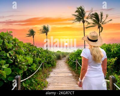 Frau, die den Sonnenaufgang beobachtet, wunderschöner Strandpfad eingerahmt von Palmtrees zum Strand, Hollywood Beach, Sunrise Miami, South Florida, USA Stockfoto