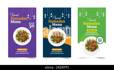 Spezielles Ramadan Menü Instagram Story Vorlagenkollektion, Ramadan Instagram Story, Banner in Gelb, Violett und Grün Stock Vektor