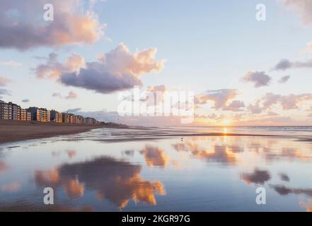 Belgien, Westflandern, nasser Strand bei Sonnenuntergang Stockfoto
