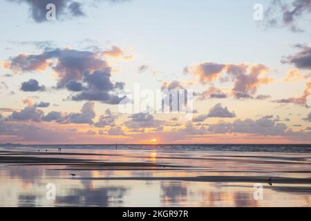 Belgien, Westflandern, nasser Strand bei Sonnenuntergang Stockfoto