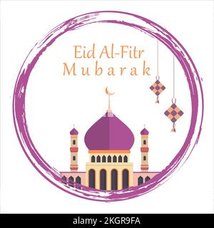Stilvolles Eid Al-Fitr Mubarak mit goldenem Texteffekt auf der Innenseite des runden Pinsels, Heiliges Festival der moslems, muslimische Moschee, mehrfarbige Farbtöne, Lila, Vektorillus Stock Vektor