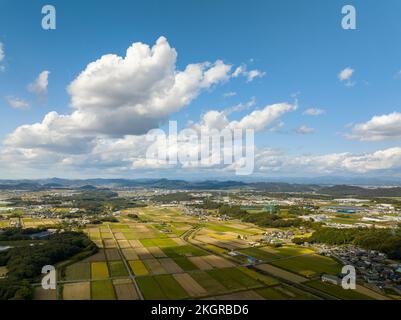 Flauschige weiße Wolken am blauen Himmel werfen Schatten auf das Ackerland nach der Ernte Stockfoto