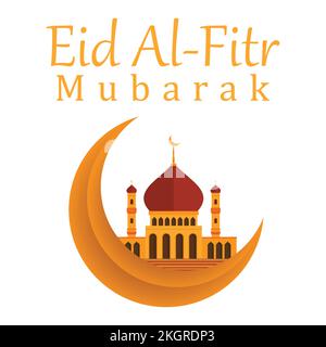 Happy Eid Al-Fitr Mubarak stilvoller goldener Texteffekt mit mehrfarbigem Moschee-Vektor, Goldener Texteffekt, mehrfarbige Moschee, muslimisches Festival, Mond, Eid Stock Vektor