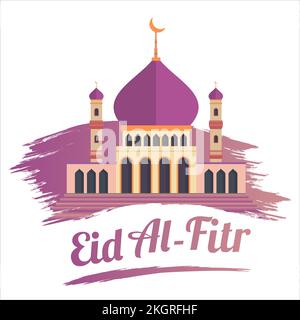 Stilvolles Eid Al-Fitr Mubarak mit goldenem Texteffekt, Heiliges Festival des moslems, moschee mit Pinselstrich, mehrfarbig, lila, Vektor-Illu Stock Vektor