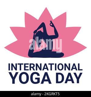 Fröhliche Yoga-Tag-Vektordarstellung mit dunkelblauem Texteffekt in runder Form, dunkelblau, Frau, die Yoga macht, Lady, Frau, Yoga-Position, international Stock Vektor
