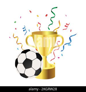 Fußball und Tasse isoliert auf weißem Hintergrund. Fußballweltmeisterschaftskonzept. Design der Fußballweltmeisterschaft 2022 mit Fußball und Siegerpokal Stock Vektor
