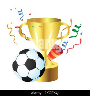 Fußball und Tasse isoliert auf weißem Hintergrund. Fußballweltmeisterschaftskonzept in goldener Farbe. Konzeptdesign für die Feier der Fußballweltmeisterschaft 2022 Stock Vektor