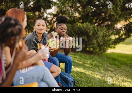 Junge Freunde genießen ein Picknick im Park Stockfoto