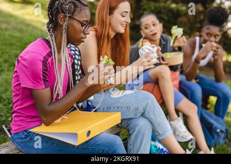 Freunde essen im Park Stockfoto