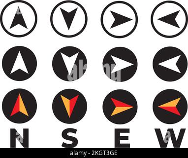 Eine Symbolgruppe des Vektorkompasses in Nord-, Süd-, Ost- und Westrichtung. Kartensymbol mit Pfeilen Stock Vektor
