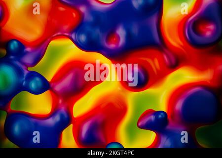 3D Rendering von violetter und orangefarbener, blasender Flüssigkeit Stockfoto