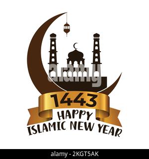 Frohes islamisches Neujahrsfest, frohes Muharram Islamisches Neujahr, Vektorgrafik der Moschee und Schleife, zur Erinnerung an den glücklichen Muharram-Tag, Isolat Stock Vektor