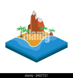 2,5D Sandstrand-Vektordesign mit Hügel- und Baumkonzept, Sandstrand-Vektor mit 2,5D-förmiger Landschaft, Strand mit einem Hügel im Sommer. Stock Vektor