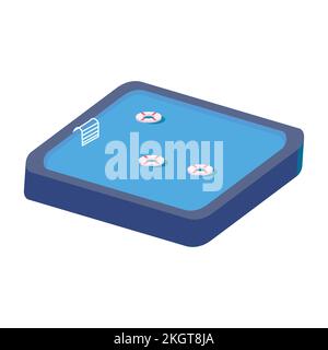 2,5D Pool-Vektordesign mit dem Lifebuoy-Konzept, Swimming Pool-Vektor mit 2,5D-förmiger Landschaft, Pool mit Lifebuoy im Sommer. Stock Vektor