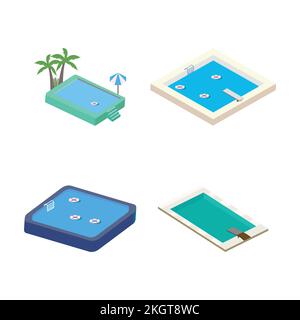 2,5D Pool Landschaftsvektorsammlung. Pool-Sammlungsvektor mit Rettungsring und Kokosnussbaum. Pool 3D Kunst mit einem Rettungsring und Sonnenbat Stock Vektor